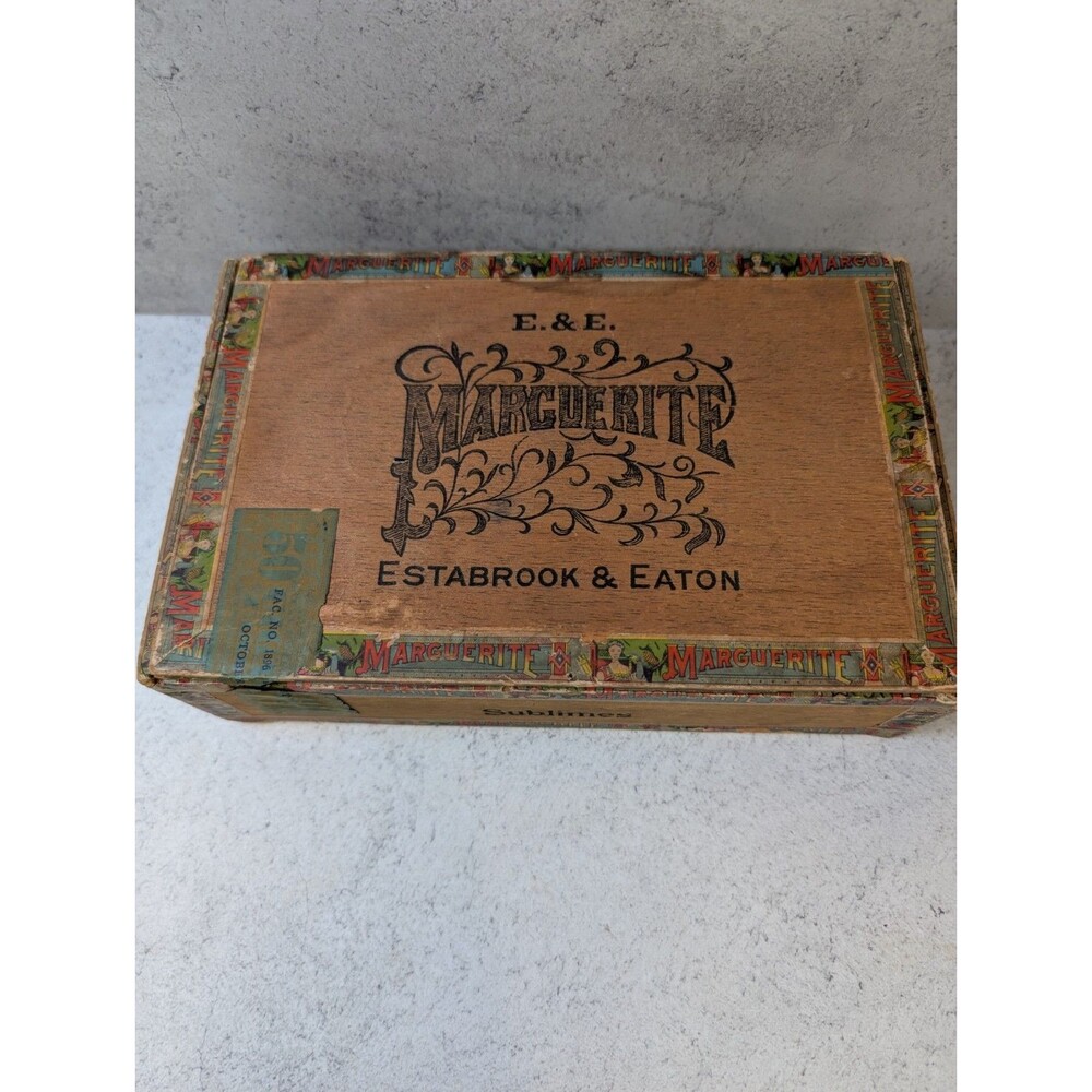 Antique Marguerite Cigar Box Estabrook & Eaton Sublimes Wooden Tobacciana Litho
